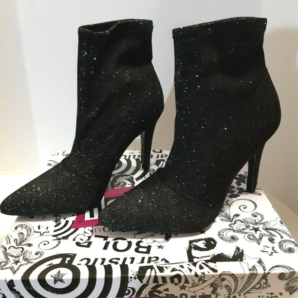 Womens  Black Sparkly Fashion Ankle Boots Heels - Picture 1 of 6